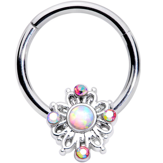 16G 3/8 White Synthetic Opal Aurora Gem Crest Hinged Segment Ring