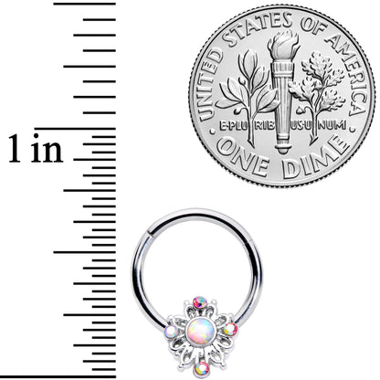 16G 3/8 White Synthetic Opal Aurora Gem Crest Hinged Segment Ring