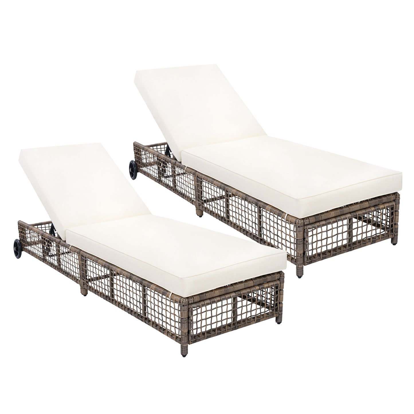 Outdoor Lounge Chair with 5-Position Backrest, Rattan Chaise Lounge in Beige