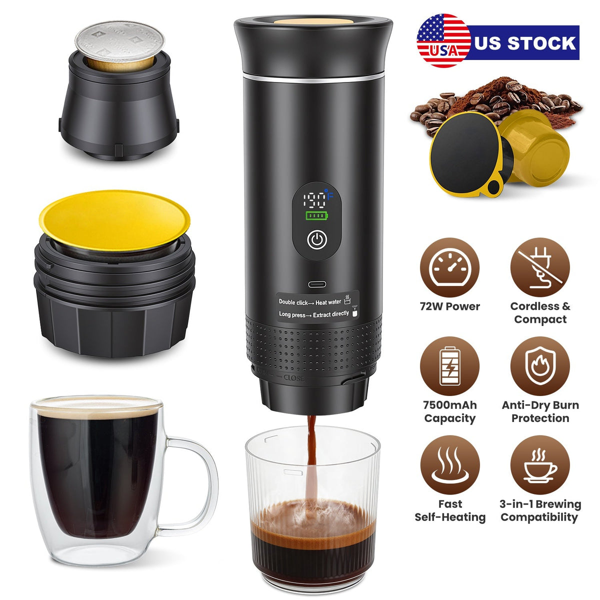 Portable Espresso Machine with Self-Heating & 7500mAh Battery