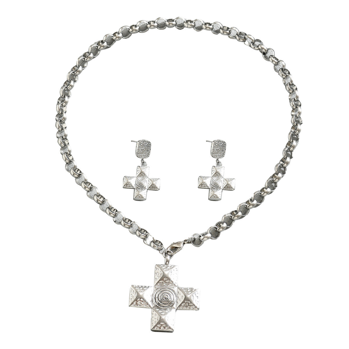 Vintage European American Women Cross Jewelry Set, Unique Niche Design Stud Earrings & Versatile Pendant Necklace For Ladies