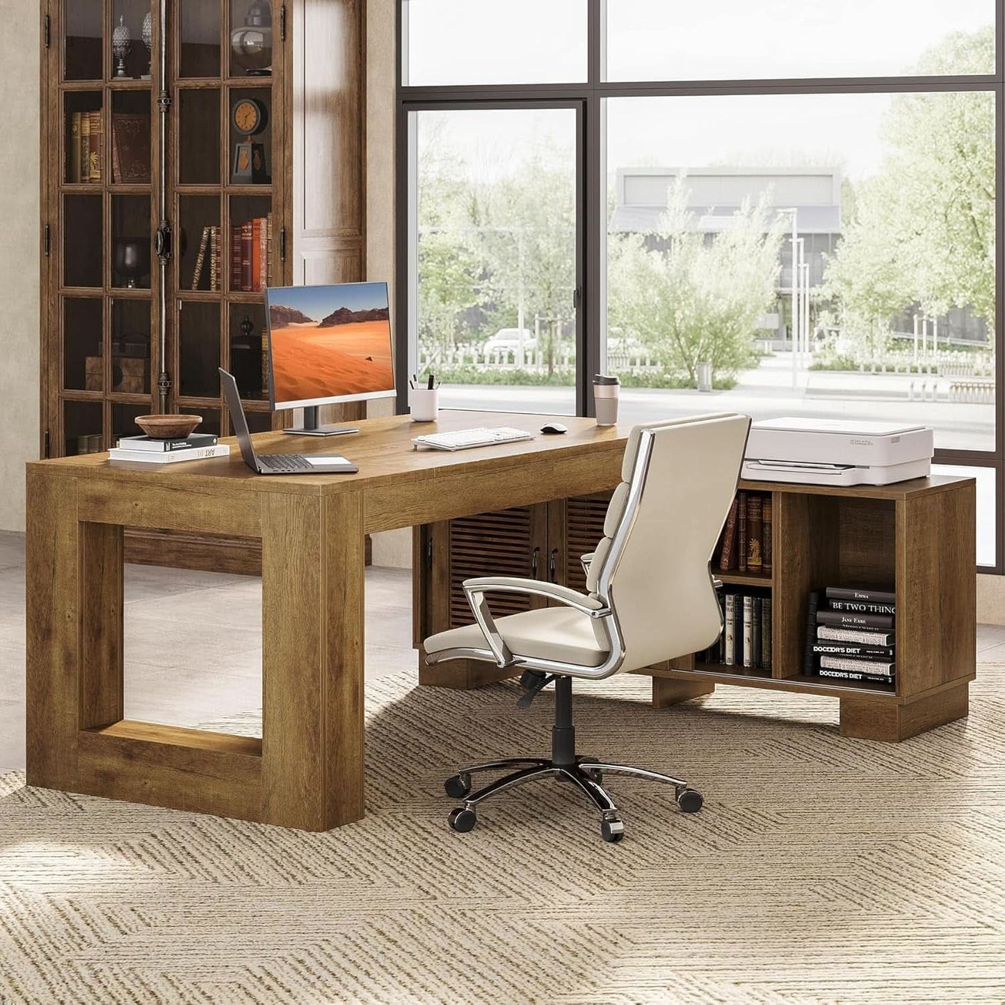 Brown 63 Inch Long L Shaped Desk With Sliding Cabinets