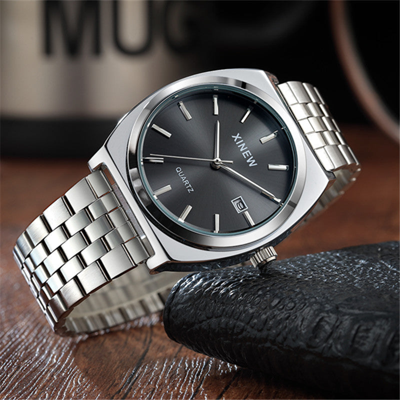 Student-style Fashionable Stainless Steel Strap Calendar Quartz Mens Watch