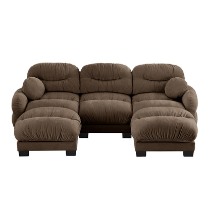 Sectional Sofa Modular Chenille Brown 3 Seat 2 Ottomans Pleated Backrest