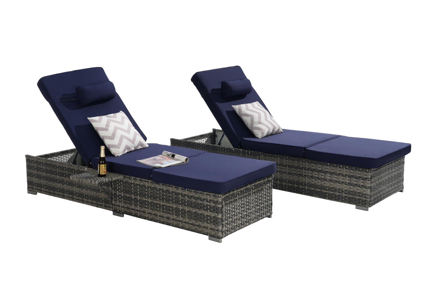 Outdoor Chaise Lounge Chair Set of 2, Rattan Storage Patio Pool Chairs with Cushion