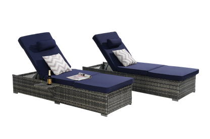 Outdoor Chaise Lounge Chair Set of 2, Rattan Storage Patio Pool Chairs with Cushion