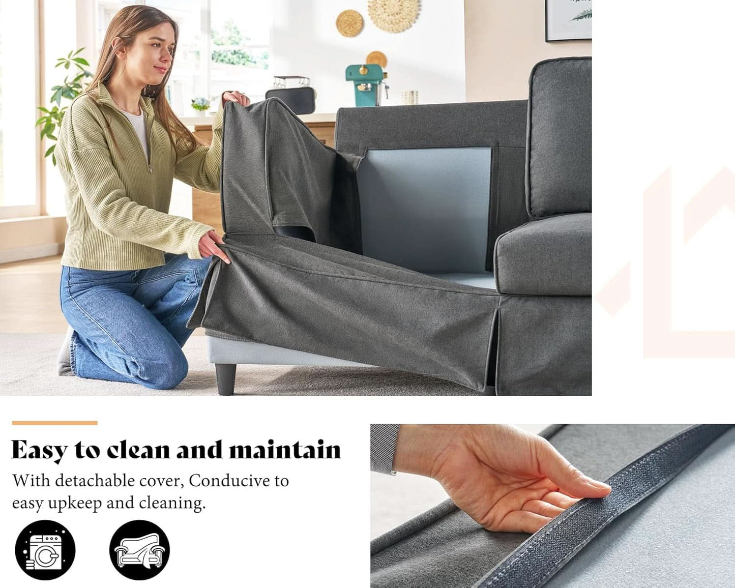 89 Inch Slipcovered Linen Grey Sofa 3 Seater Couch