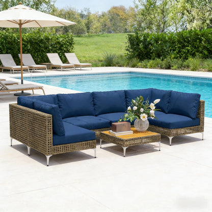 Outdoor Sectional Set Wicker Steel Acacia Wood Brown 7 Piece 352 LB