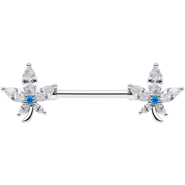 14G 9/16 Clear Blue CZ Gem Marijuana Leaf Barbell Nipple Ring Set