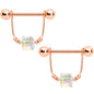 14G 5/8 Clear Gem Rose Gold Tone Cube Dangle Nipple Ring Set