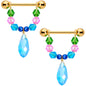 14G 5/8 Blue Pink Green Gem Gold Tone Drop Nipple Ring Set