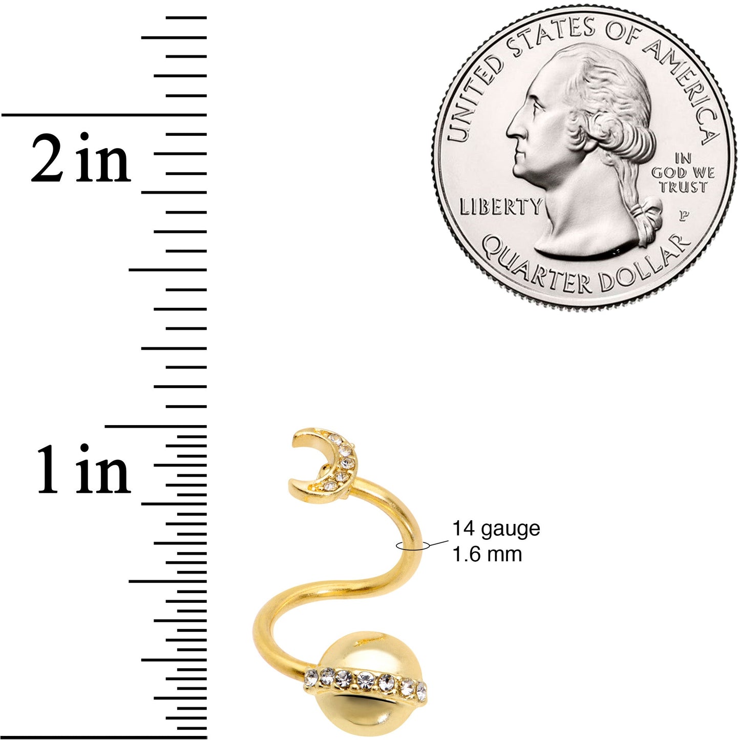 14G 1/2 Clear Gem Gold Tone Saturn Moon Spiral Twister Belly Ring