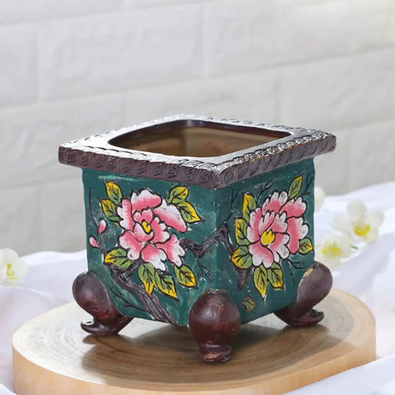 Korean-Style Hand-Painted Floral Ceramic Pot – Succulent & Bonsai Planter