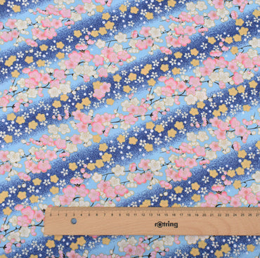 Japanese Floral Cotton Fabric, Handmade Wind-Stamped