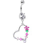 Clear CZ Gem Green White Faux Opal Flower Heart Dangle Belly Ring