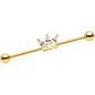 14G Clear Gem Gold Tone Crown of Love Industrial Barbell 38mm