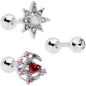 16G 1/4 Pink Red Clear CZ Gem Moon Star Cartilage Tragus Set of 3