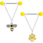 14G 9/16 Black CZ Gem Yellow Flower Bee Dangle Nipple Ring Set