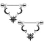 14G 9/16 Black Gem Crescent Moons Star Dangle Nipple Ring Set