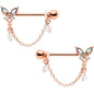 14G 5/8 Aurora Gem Rose Gold Tone Butterfly Dangle Nipple Ring Set