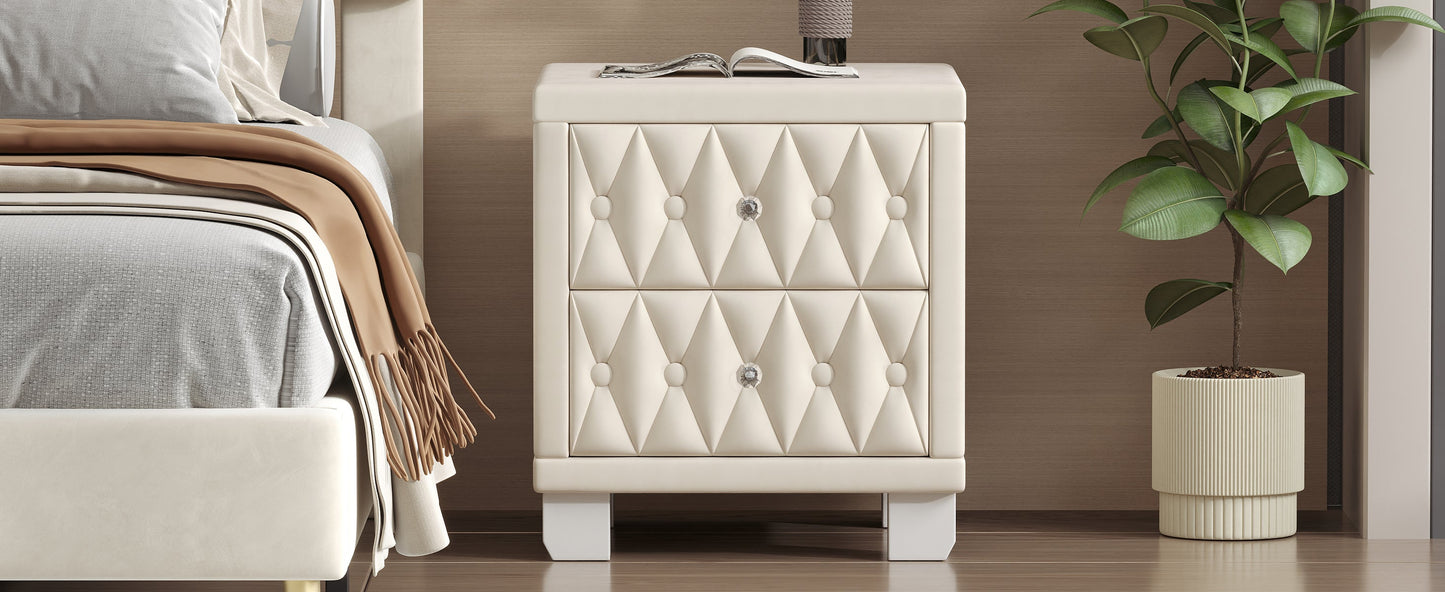Velvet Nightstand with 2 Drawers, Crystal Handle, Button-Tufted, Beige