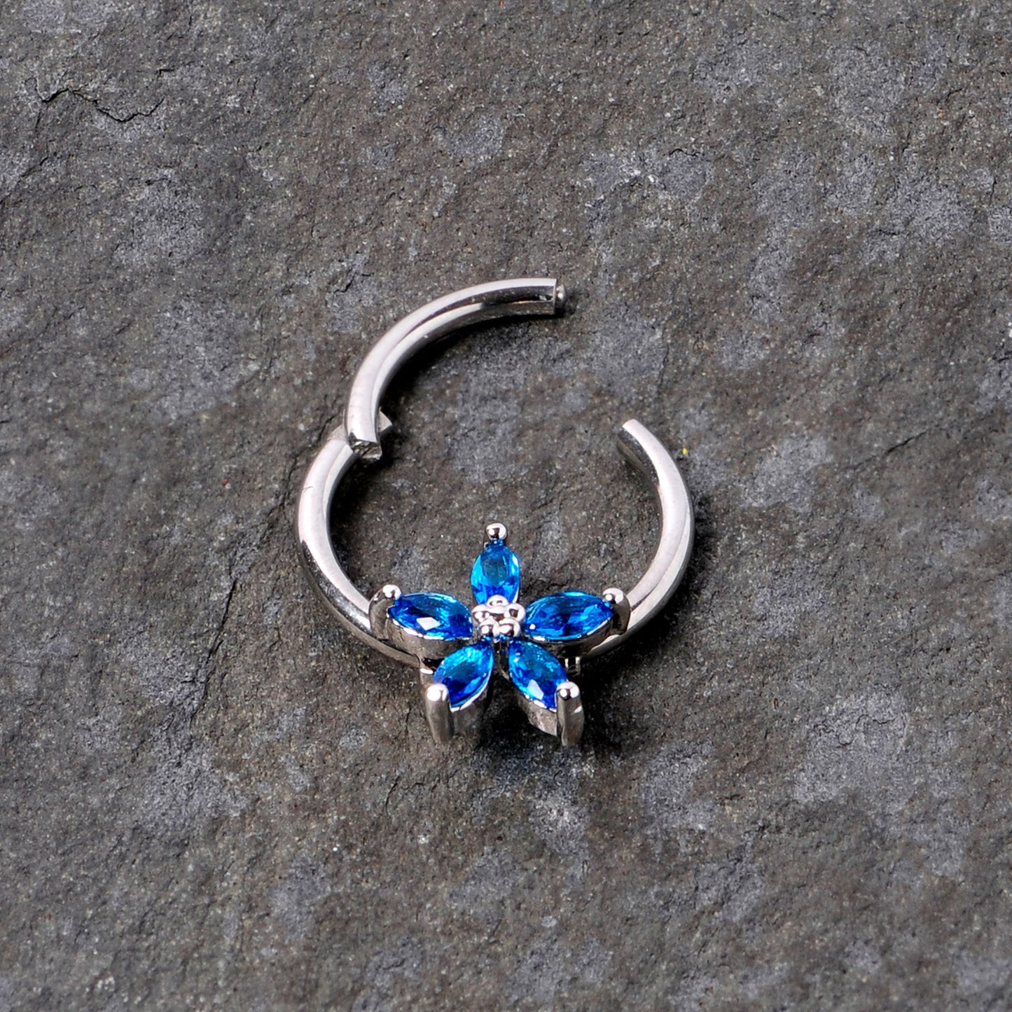 16G 3/8 Blue Gem Royal Flower Hinged Segment Ring
