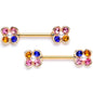 14G 9/16 Pink Blue Gem Gold Tone Flower Barbell Nipple Ring Set