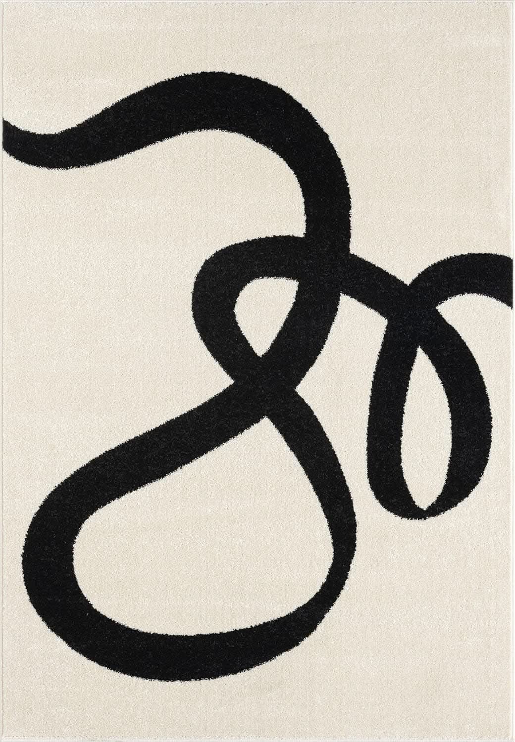 Beige Black Abstract Area Rug 8 By 10 Modern Curved Line