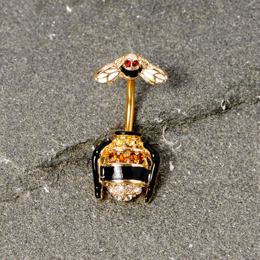 Clear Black Yellow Gem Gold Tone Bee Double Mount Belly Ring