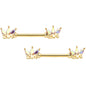 14G 9/16 Aurora Gem Gold Tone Crown Love Barbell Nipple Ring Set