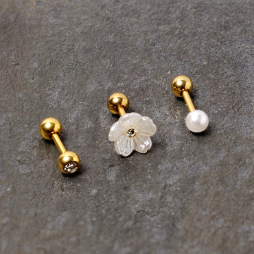 16G 1/4 Faux Pearl Gold Tone Flower Cartilage Tragus Set of 3