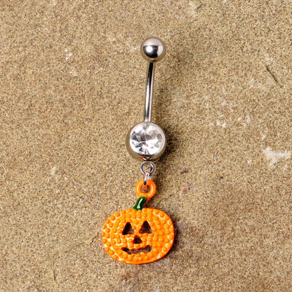 Clear Gem Orange Pumpkin Jack O Lantern Halloween Dangle Belly Ring