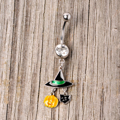 Clear Gem Witch Hat Bat Orange Pumpkin Halloween Dangle Belly Ring