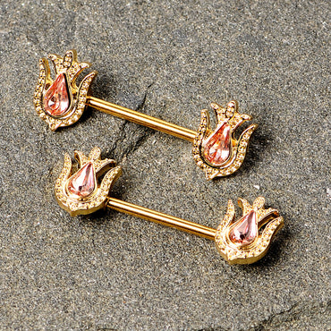 14G 9/16 Pink Gem Gold Tone Flower Barbell Nipple Ring Set