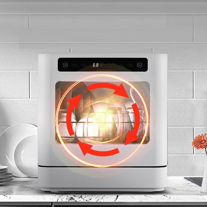 Dishwasher with a digital display and heating element on a kitchen counter.