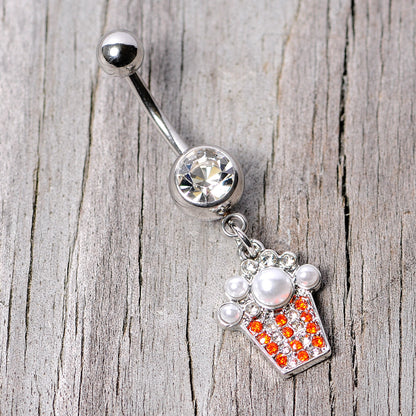 Clear Red Gem White Orb Movie Night Popcorn Dangle Belly Ring