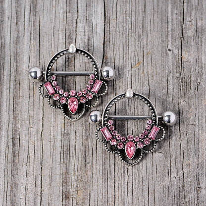 14G 5/8 Pink Gem Filigree Nipple Shield Set