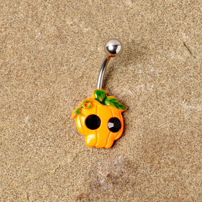 Black Gem Orange Pumpkin Jack O Lantern Halloween Belly Ring