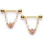 14G 5/8 Pink Gem Gold Tone Dainty Flower Dangle Nipple Ring Set