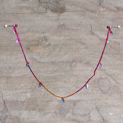 14G 5/8 Clear Gem Rainbow Autumn Leaves Dangle Nipple Chain
