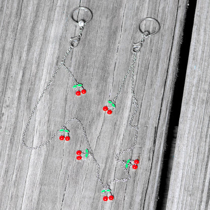 14G 9/16 Clear Gem Red Cherry Captive Ring Dangle Nipple Chain