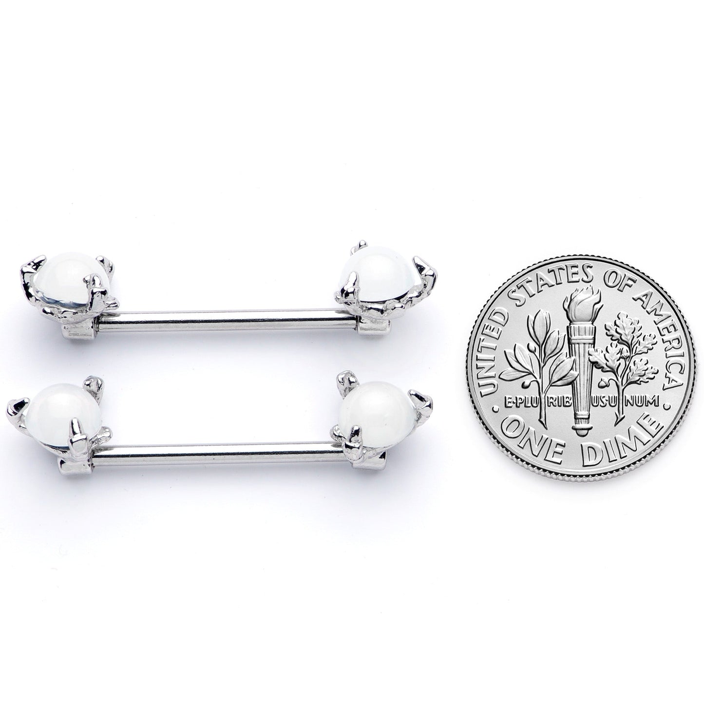 14G 5/8 White Faux Opal Dragon Claw Barbell Nipple Ring Set