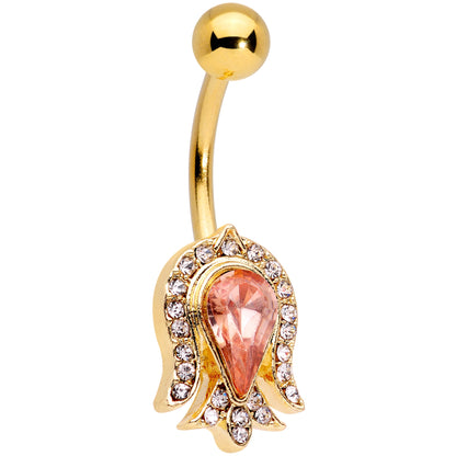Pink Gem Gold Tone Plated Tulip Flower Belly Ring