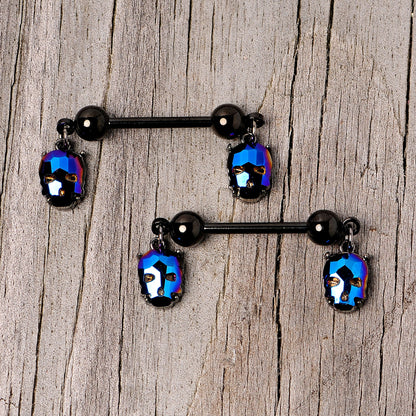 14G 9/16 Blue Gem Sugar Skull Halloween Dangle Nipple Ring Set