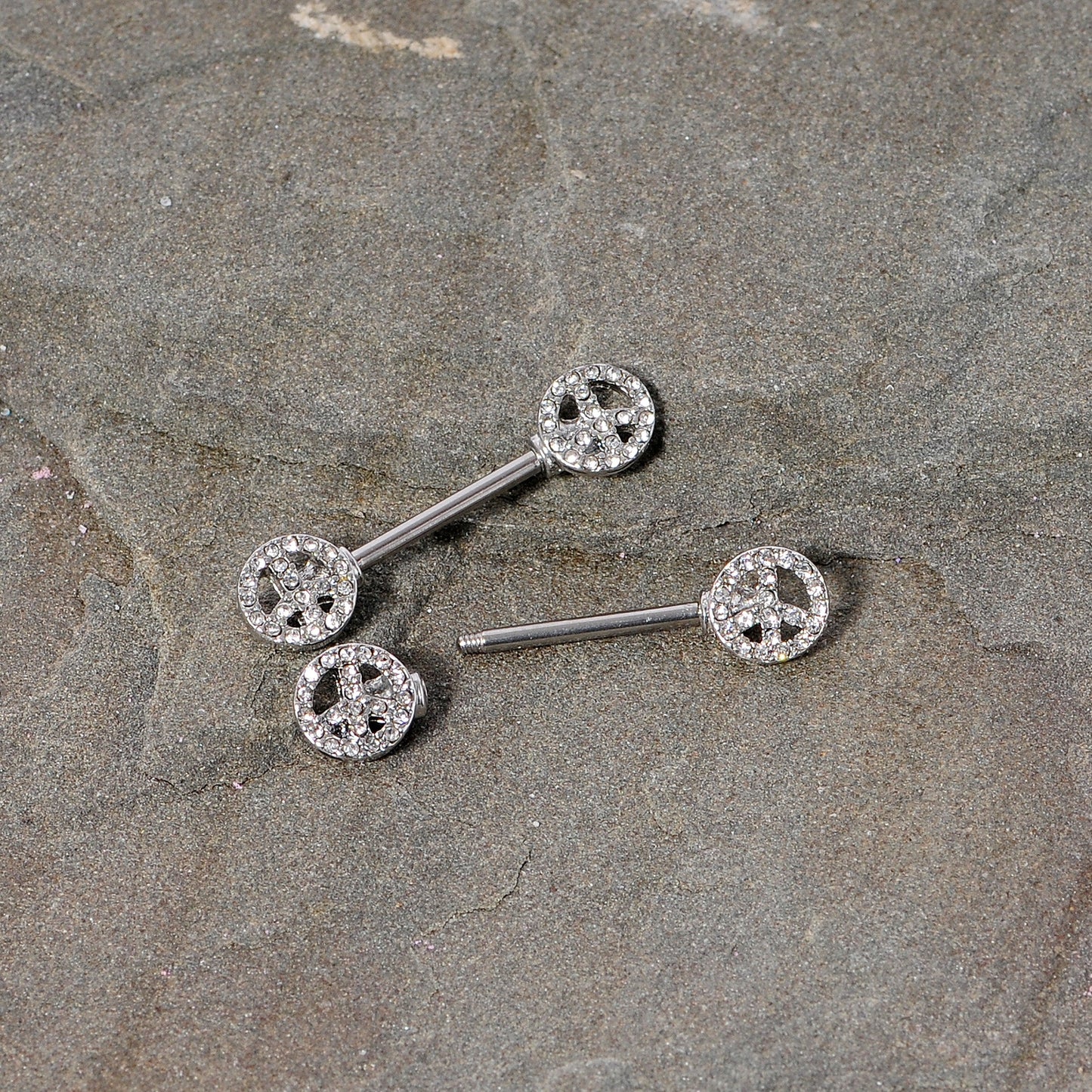 14G 9/16 Clear Gem Retro Peace Sign Barbell Nipple Ring Set