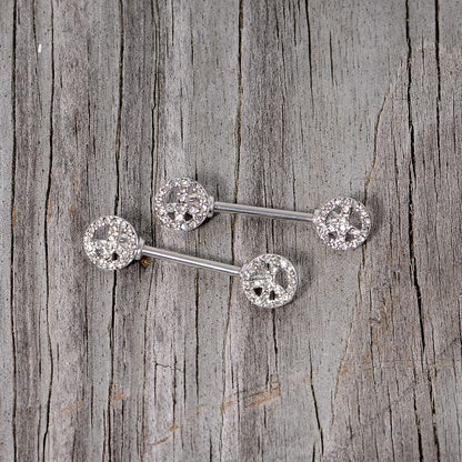 14G 9/16 Clear Gem Retro Peace Sign Barbell Nipple Ring Set