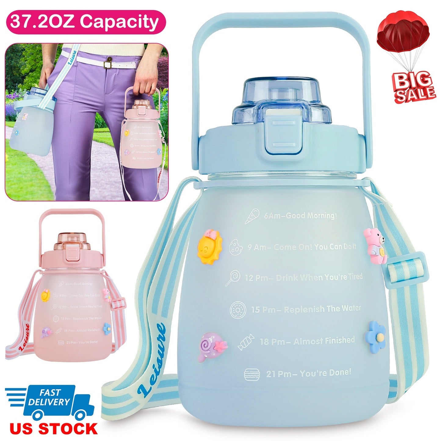 Kawaii Water Bottle with Straw 37.2oz Large Capacity Portable Sports Bottle with Cute Three-Dimensional Stickers