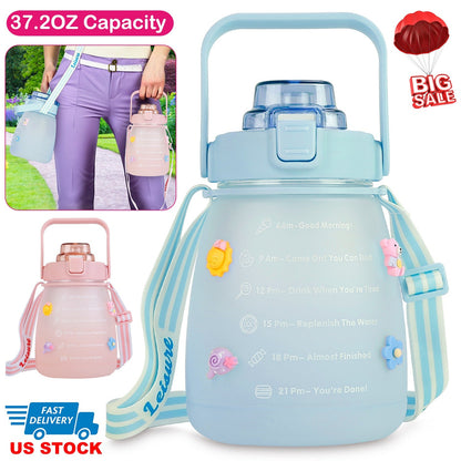Kawaii Water Bottle with Straw 37.2oz Large Capacity Portable Sports Bottle with Cute Three-Dimensional Stickers