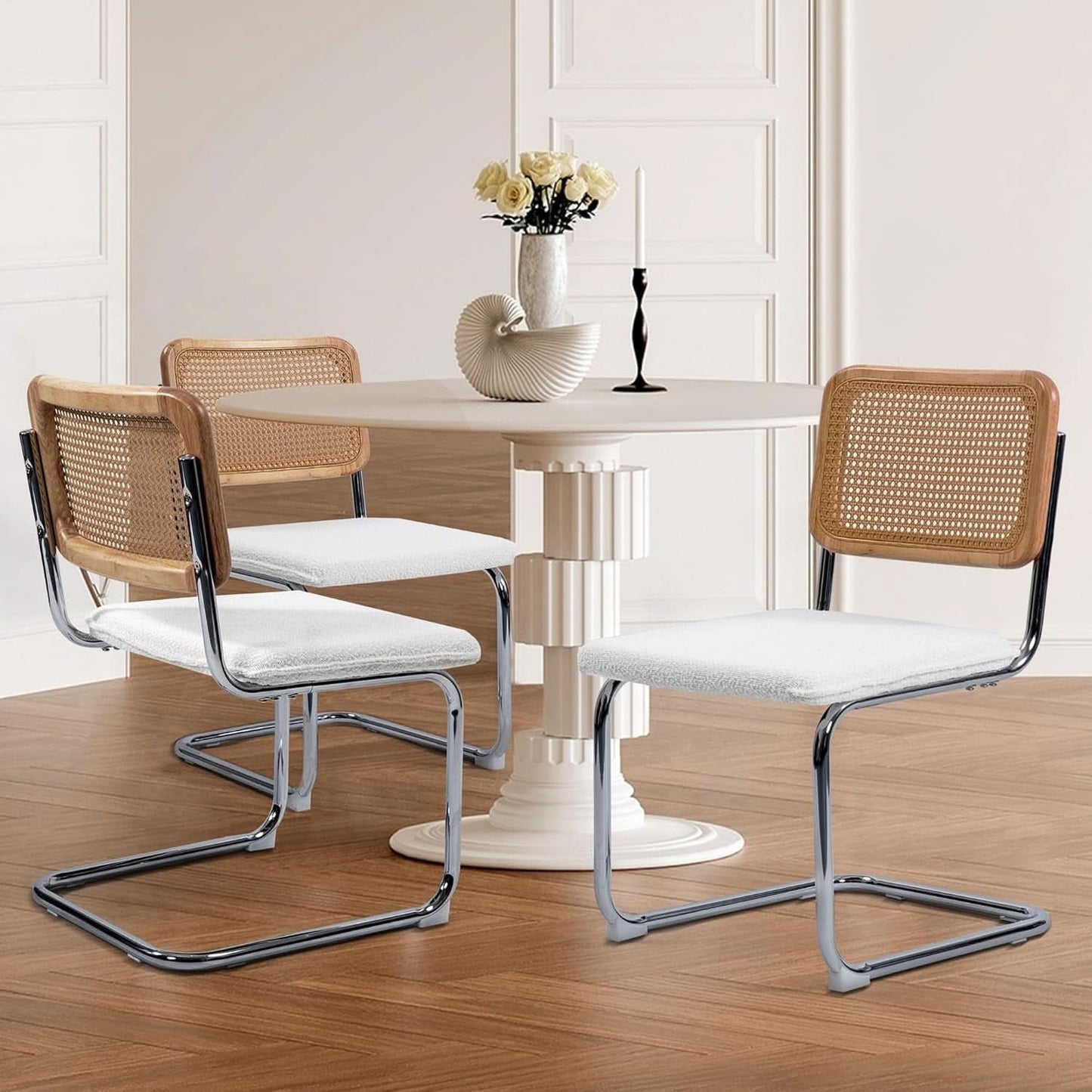 Modern Cesca Cane Dining Chairs With White Boucle Seat