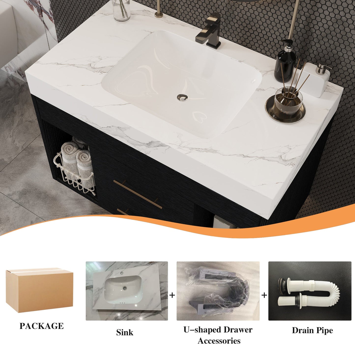 29.9' Modern Floating Bathroom Vanity with Sintered Stone Top Ceramic Undermo...
